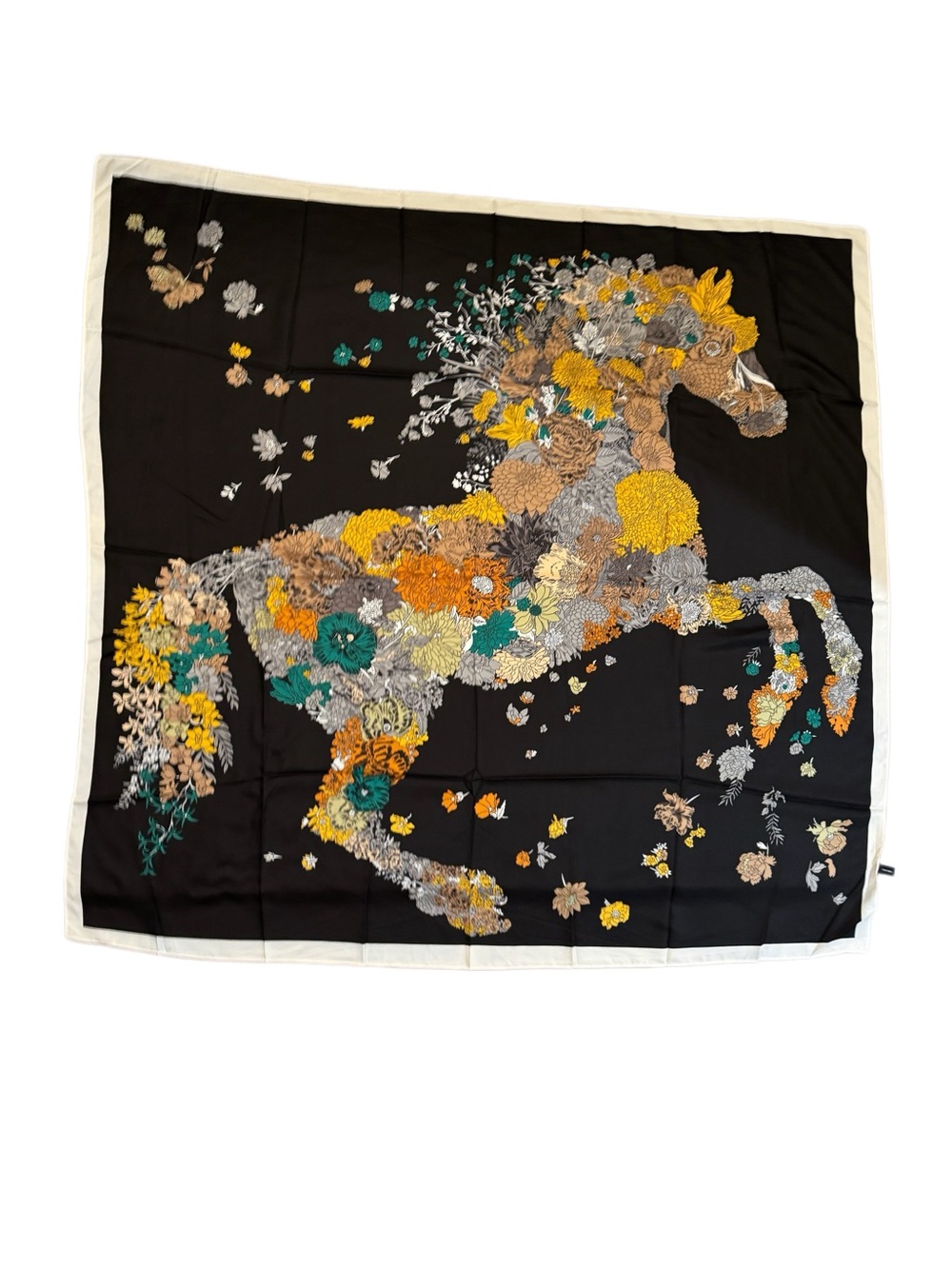 Luxury 135cm Silk Horse Print Silk Scarf in Vibrant Black